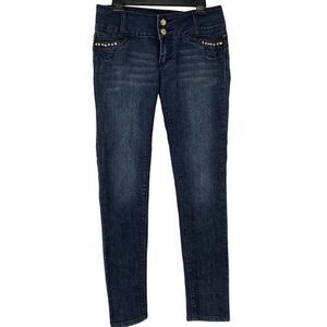 Womens Izzi Jeans Size 9 Bling Mid Rise Wide Belt Dark Wash Skinny Leg 2767 EUC